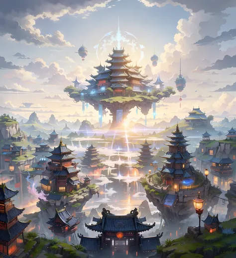 immortal world, fairy island, sky realm, blue and white tones, science fiction style, ancient chinese architecture