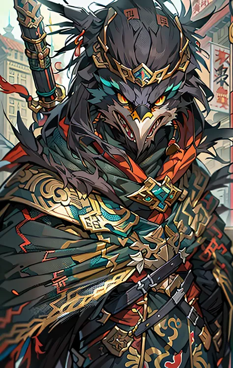 eagle assassins, full body like，close-up of eagle assassin in the city, determined eyes，fierce，akira in chinese mythology, an ep...