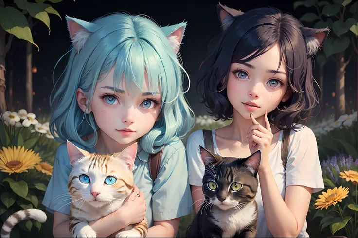 girl with blue hair with stars golden eyes flowers in hand has a cat