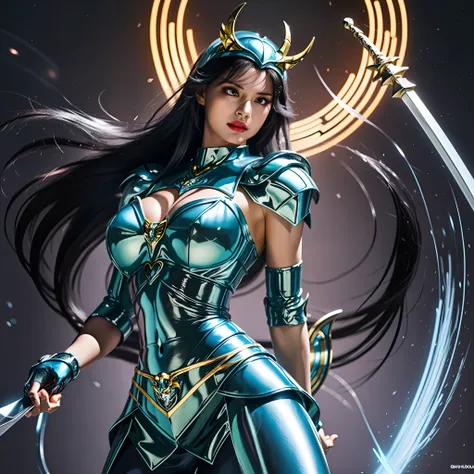 a cartoon image of a woman in a black outfit holding a sword, saint seiya, knights of zodiac girl, mystical anubis valkyrie, unreal engine render saint seiya, portrait knights of zodiac girl, mystical atlantean valkyrie, dragon shiryu, big boobs, gigantic ...