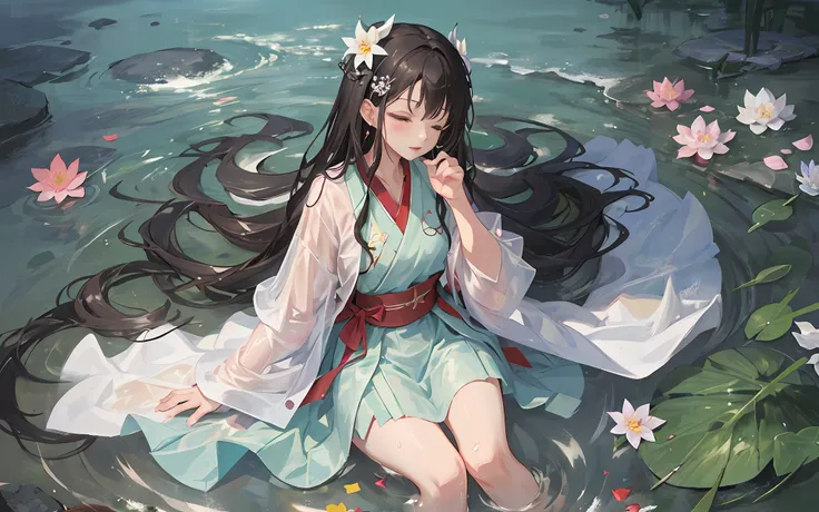 dark green hanfu, a woman, cool, fair skin, sea of flowers, pond, petals floating on the water, lily, clavicle, eyes closed, hal...