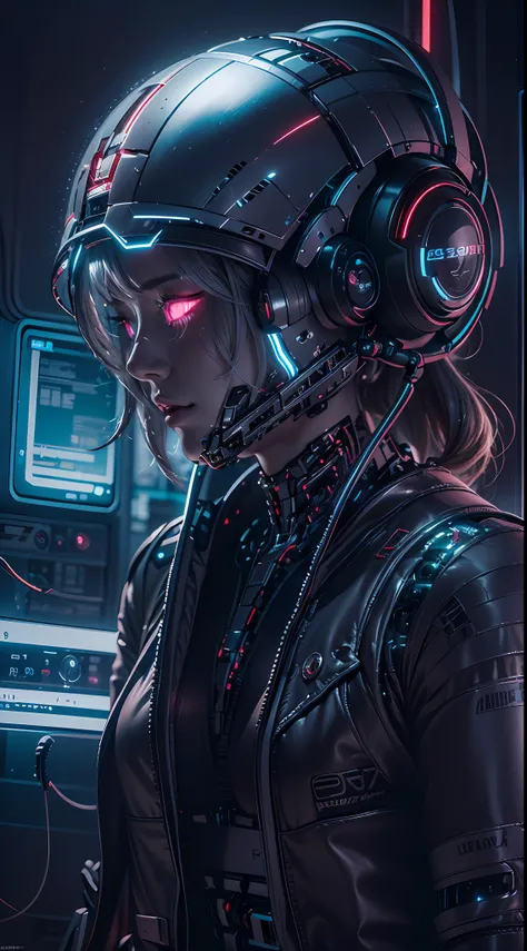 1girll，perfect facial features，delicated face，(cyber punk perssonage:1.3)，overcome cyber puns，bring headphones，shelmet，super com...