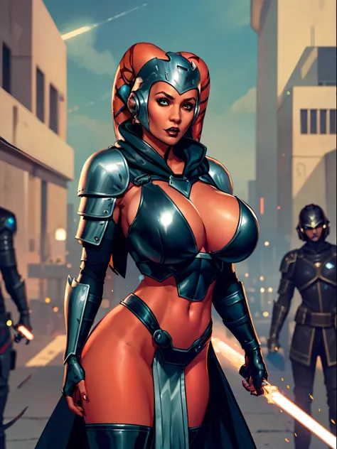 armor, busty, gigantic boobs, ((red skin), twi'lek), dual red lightsabers, evil space knight, space ninja, (wearing black robes,...