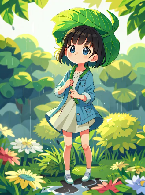 masterpiece, best quality, 1girl,looking at viewer,leaf umbrella,leaf,brwon hair,short hair,floral dress, denim jacket,outdoar,r...