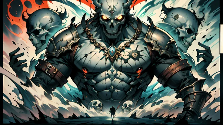 The anime poster depicts a sinister and powerful figure, sporting a dark, menacing skull as a face. His armor is extremely detailed and intricate, adorned with delicate embellishments and skull- and necklace-themed jewelry. His lean, slender appearance see...