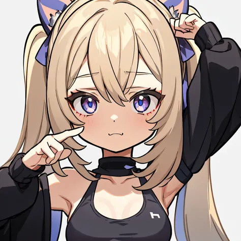 masterpiece, 1girl in, 独奏, Shy face、grayscales、monochromes、half tone、Manga、dynamicposes、Sportsbra、a blond、Twin-tailed、Embarrassing pose、white backgrounid、solidbackground、simple background、high detal