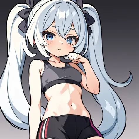 masterpiece, 1girl in, 独奏, Shy face、grayscales、monochromes、half tone、Manga、dynamicposes、Sportsbra、a blond、Twin-tailed、Embarrassing pose、white backgrounid、solidbackground、simple background、high detal