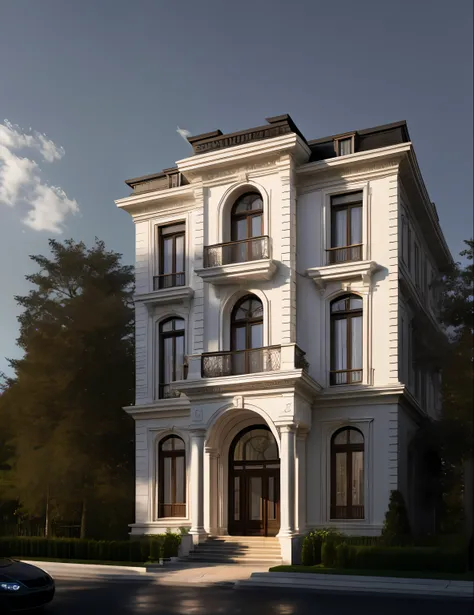 masterpiece, (photorealistic:1.2), best quality, ultra high res, exterior,architechture,modern house,white wall, glass windows,,trees,traffic road,design,trees around, blue sky,in the style of realistic hyper-detailed rendering, 32k uhd, luxury neoclassica...