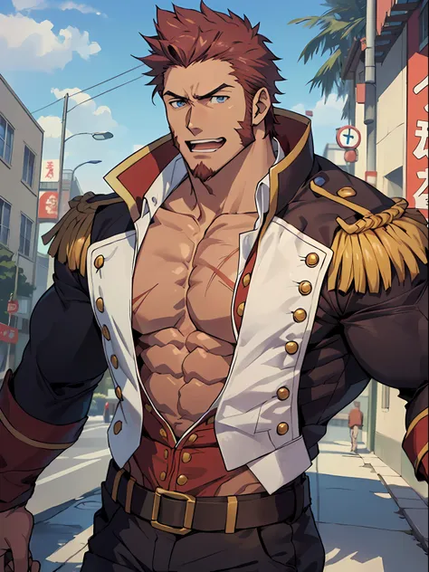 ((passionate, romantic),(bara hunk with bulging muscles and rugged features, anatomicly correct),(best quality anime fate)),  na...