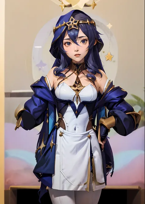 (master part:1.4), (best quality:1.2), Guardian Star Xayah, 1girl, mangas destacadas, saia azul, magical girl, Star Guardian (Liga das Lendas), gema, cabelo preto e branco, parte superior do corpo, cowboy shot