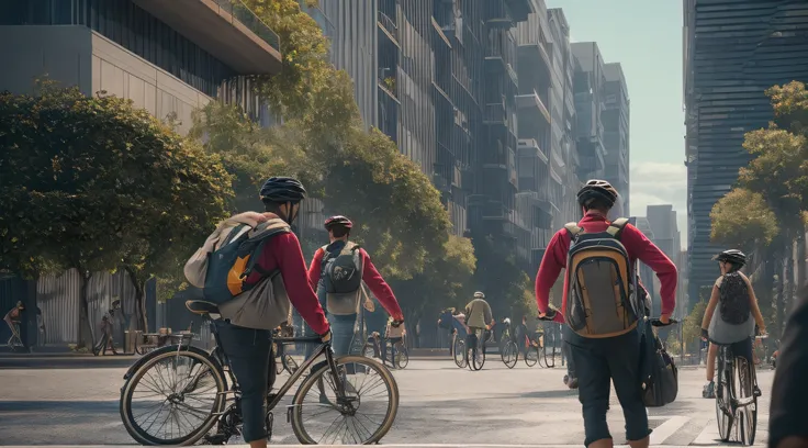 uma movimentada rua da cidade cheia de pessoas de corpo em detalhes perfeito. alguns caminhando e outros andando de bicicleta. t...