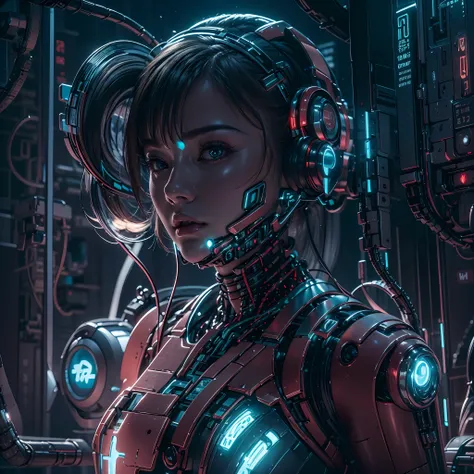 1girll,(cyber punk perssonage:1.3),Bring headphones,Illuminated helmet and headphones,glowing jewelry,Glowing earrings,Glowing necklace,inside in room,Electronic wire background,best qualtiy,tmasterpiece,Movie filter presets,movie level lighting,c4d渲染,rend...