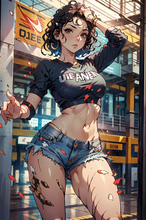 woonder woman, muito sensual, com roupas de funkeira, brasileira, rio de janeiro, dancing funk, rebolando, bunda grande, pernas grossas, usando um short jeans extremamente curto, usando uma mini blusa, umbigo com pirsing, sneakers Nike, cabelo comprido, Sp...