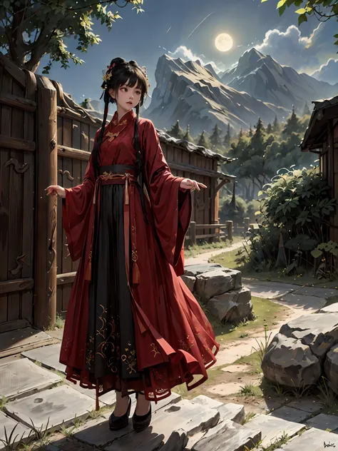 absurdres, highres, ultra detailed, (1girl:1.3), hand drawn, simple line, 16yo girl in red color Chinese Hanfu , masterpiece, stand at cliff, moon light, night time,