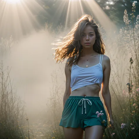 gorgeous freckly blonde curvy woman, style of david hamilton, summer, humid, backlighting, golden hour, breathtaking, in dusty a...