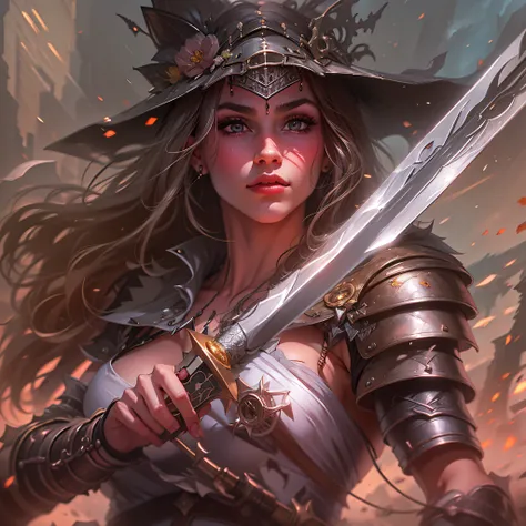 (obra-prima: 1.2), (melhor qualidade: 1.2), olhos perfeitos, rosto perfeito, perfect lighting, 1girl, mature female on a battlefield holding an Escalibur sword, cabelos brancos absurdamente longos, war_glam, armadura, saia de couro, estilo steam punk, cic...