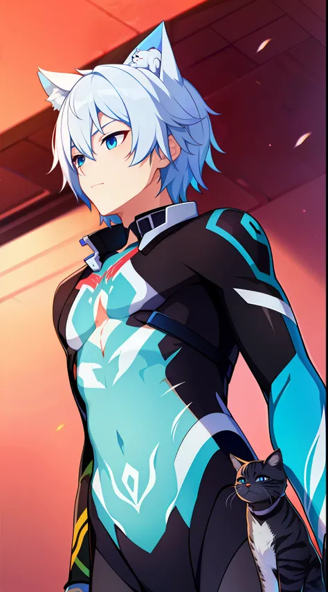 young boy, short white hair, blue eyes, Cats ears, Bio-organic suit, open torso, Scars, tattoo, Masterpiece, hiquality