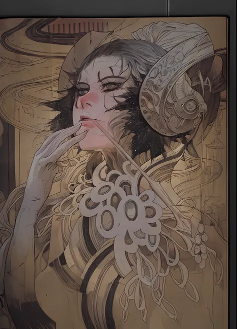 there is a drawing of a woman with a mask and a hat, goddess. extremely high detail, inspired by yoshitaka amano, moebius and mo...