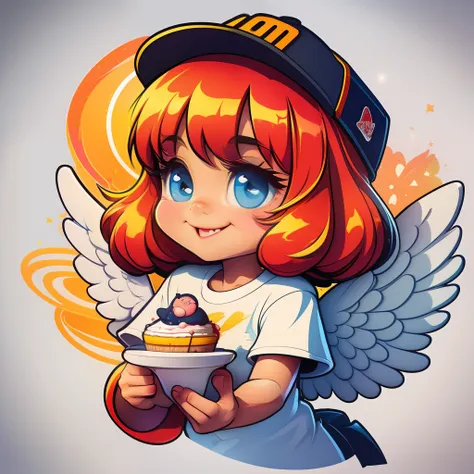 a cute little cake angel，（best quality at best，cartoony，t-shirt logo），cartoonish style，vivd colour，a high resolution，bold font，w...