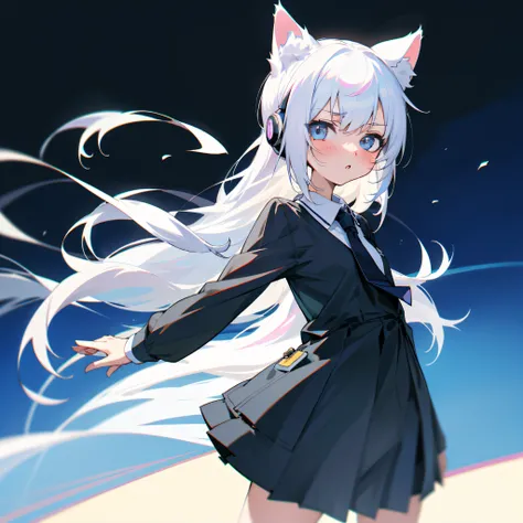 anime girl with headphones and a tie, anime moe artstyle, flat anime style shading, white cat girl, flat anime style, in an anim...