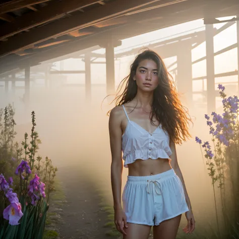 hazy attic, godrays, freckles, gorgeous freckly angelic victorian disheveled blonde curvy woman, style of david hamilton, summer...