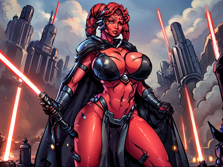 armor, busty, gigantic boobs, ((red skin), twilek), dual red lightsabers, evil space knight, space ninja, (wearing black robes, tunic, tabard, cowl, cloak, cape, body glove, straps, buckles, skirts, long sleeves, fantasy), ((busty), slender body, thin, sli...