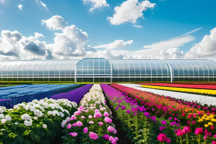 ai greenhouse ,grandiose spectacle, scenes, live photos, 8k, kodak, shutter inventory, blue sky and white clouds, floriculture