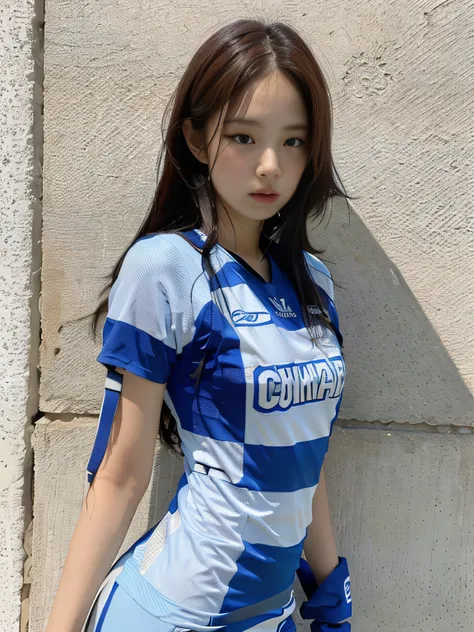 (1girl:1.3), solo, __body-parts__, kim ji-ni jennie face, wearing trendy brand, football uniform, world-weary face, cold eyes, k...