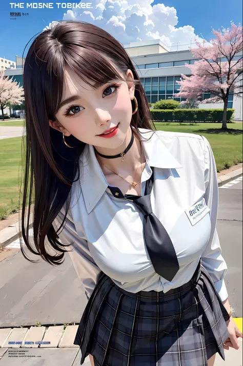 masterpiece, best quality, full body, 1girl, bangs, black choker, black necktie, black hair, blue skirt, blush, bracelet, breast...