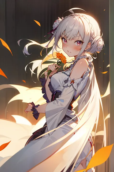 animemanga girl，long white hair，holding a flower in hand, anime art wallpaper 8 k, loli in dress, white-haired god, guweiz in pi...