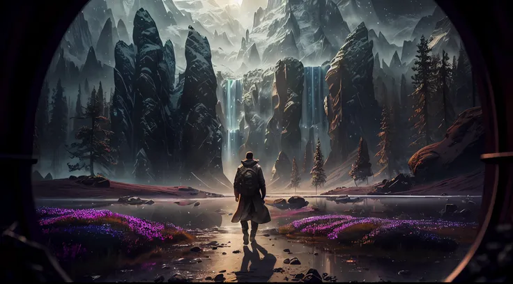 masterpiece, best quality, real, photoshoot, realistic, dull colors,a man walking, snow falling , strange geometry, confusing, multidimensional, light diffraction, caustics, (CoolBieЯe), atmospheric scene inspired by a Iceland landscape, breathtaking lands...