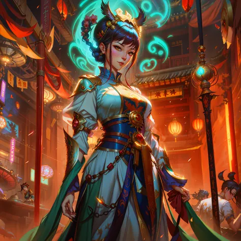 anime - style illustration of a woman in a chinese dress in a temple, alice x. zhang, artgerm julie bell beeple, mohrbacher, by ...