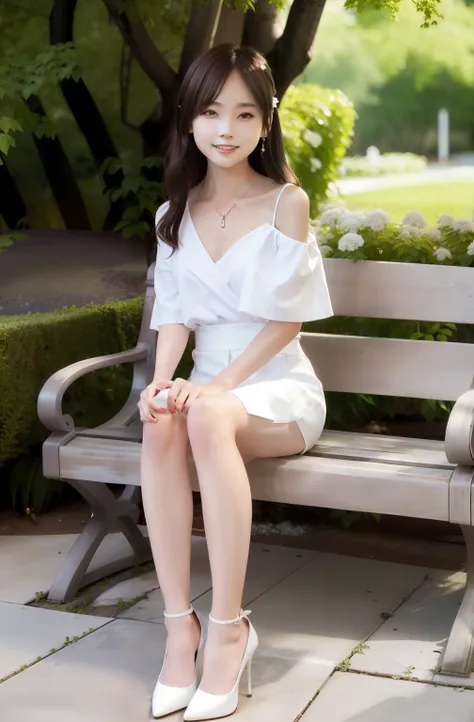 Woman in white dress sitting on a bench in front of bushes, wearing white clothes, wearing white skirt, dressed in a beautiful white, very beautiful slim legs, white skirt and barechest, wearing a wet white short dress, Dressed in white, Beautiful slim leg...