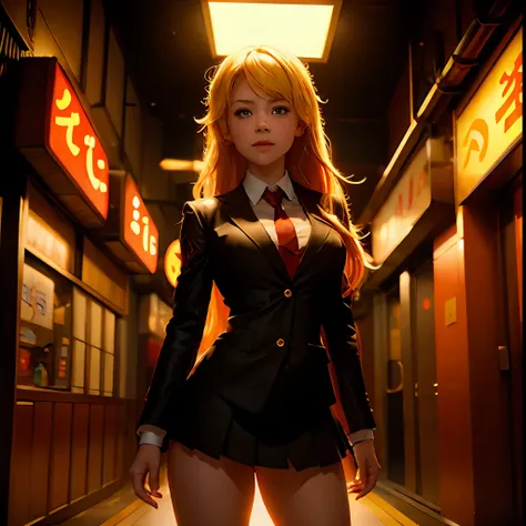 Mujer de cabello rubio con traje y corbata parada en un pasillo, anime. Soft lighting, Anime lighting, Colegiala hiperrealista, Estilo realista de anime 3D, Una colegiala hiperrealista, Anime 3D realista, Render fotorrealista de Anime Girl, Colegiala reali...