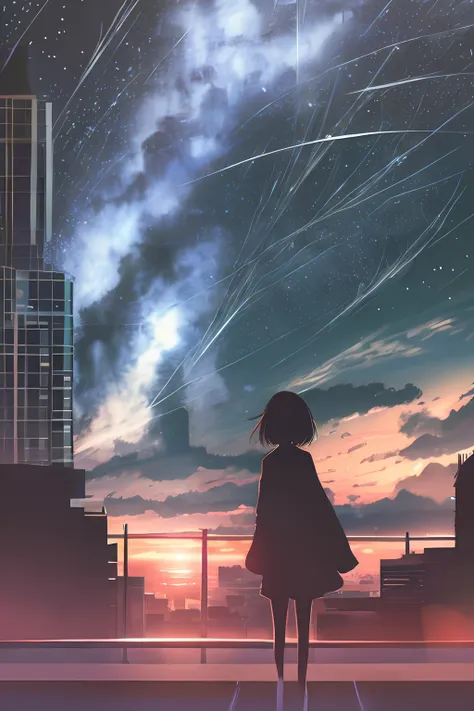 anime,silhouette,1girl, star (sky), cloud, cityscape, building, city, outdoors, skyscraper, city lights, night, night sky, sunse...