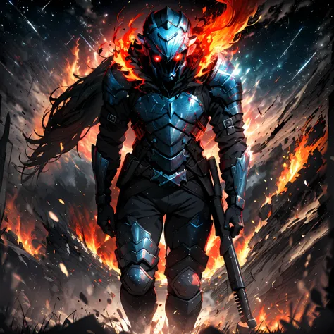 (absurdres, highres, ultra detailed),(Masterpiece, best quality:1.2),1man, wearing jet black knight armour,black armour,red eyes, eye glare,fiery eye, holding an english longword, surrounded by knights,cow boy shot,Dark knight, swirling darkness, flames,Da...