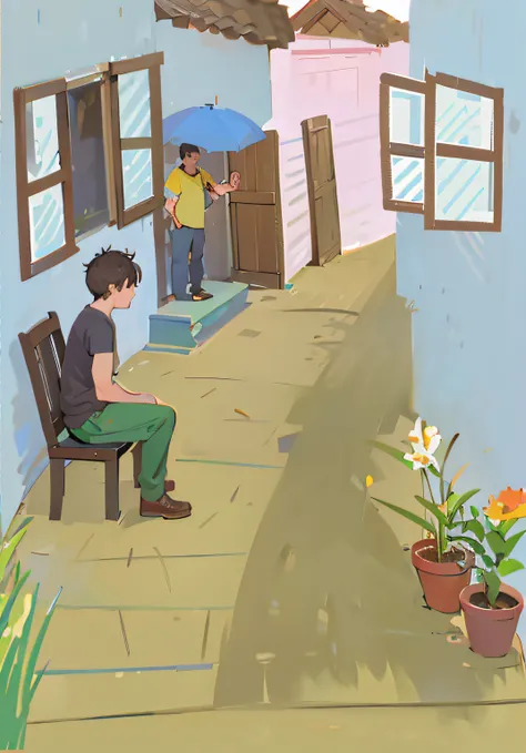 There was a man sitting on a bench in front of the house, balcony scene, standing outside a house, interior scenes, concept art of single boy, realistic scene, painting illustration, full-colour illustration, colorkey scene, rpg scene, animated still, rand...