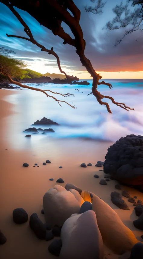 trees and rocks on the beach with a sunset in the background, maui, hawaii beach, breath taking, morning glow, by Alexander Robertson, breathtaking composition, mystical setting, magical scene, soft glow, magical beach, warm glow, breathtaking shot, windin...