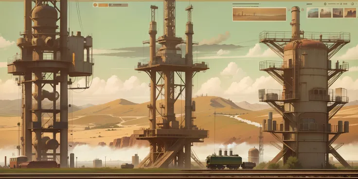 Faraway view,Wide screen,European and American illustration style,Westworld,Scenes,desolated,Oil exploration,Oil rigs,pipelines,Modern scenes,Small towns,railroad tracks,Steam trains,Towering chimneys,gigantic mountains,Dry meadow,Skysky,High-quality paint...