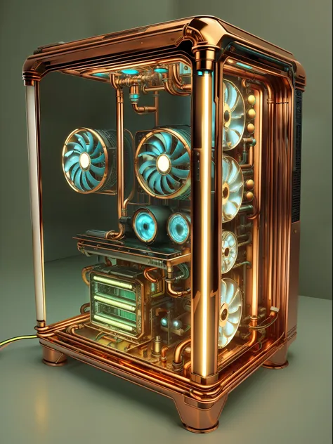 computer with led lighting, computer, fans, plumbing, steampunk style, copper, brass, edrinktech, glasstech, plasttech