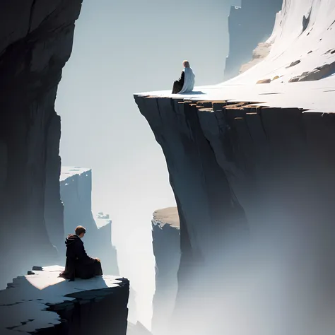 4K,Complicated details,HighestQuali,Lots of white space,soft,Silky,A man in a robe sits alone on the edge of a cliff,looking at the distance,The tone suppresses sadness,deep colour,black in color,deep blacks