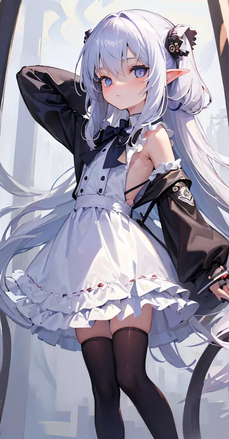((littleloli:1.3)),masterpiece,bestquality,(expressionless),finelydetail,((solo)),whitehairandlonghair,(beautifuldetailedredeyes),(bodyfocus:1),armsbehindback