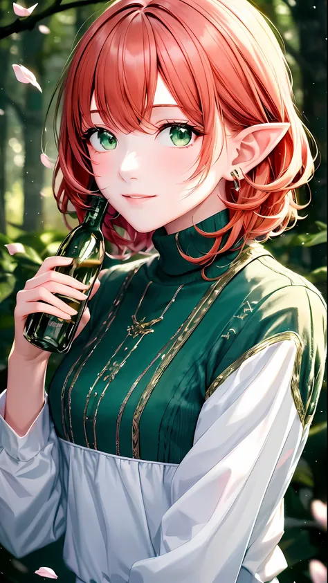 masterpiece, best quality, 1girl, solo, orange hair, green eyes, close-up, pointy ears, green turtleneck sweater, in a forest, t...