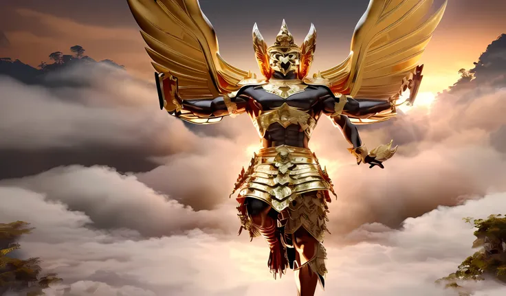 masterpiece,high-detail(phayakrut king garuda,Giant Wing,Gold black,Thai art,Thai traditional armor warrior,THai antigod,Suriyothai:1.3){bestquality},, super huge GARUDA solo, Very detail,(forests,stream,Fog,haze,In the sky ,clouds,,horror theme,chiaroscur...