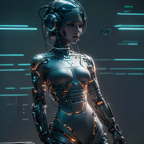 1girll,(cyber punk perssonage:1.3),Bring headphones,Illuminated helmet and headphones,glowing jewelry,Glowing earrings,Glowing necklace,inside in room,Electronic wire background,best qualtiy,tmasterpiece,Movie filter presets,movie level lighting,c4d渲染,rend...