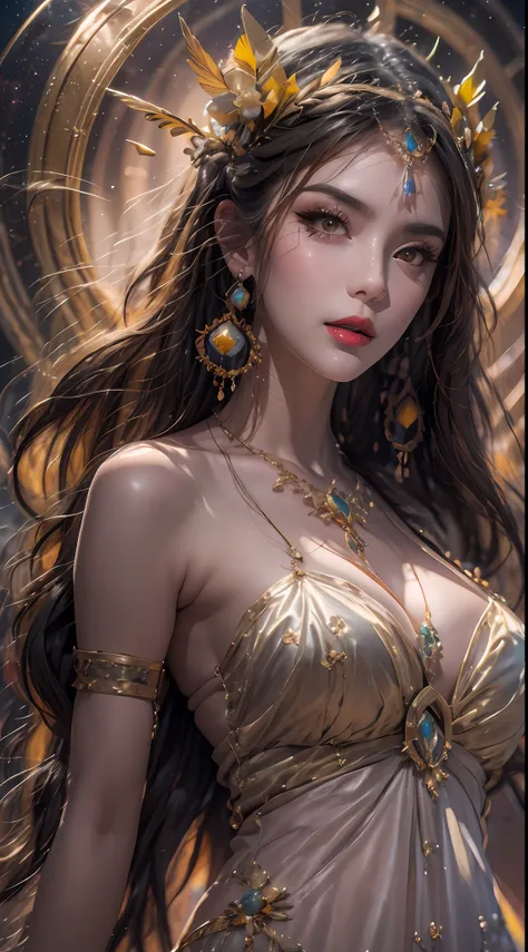 1 20 year old girl, 1 athena goddess from the future, Athena goddess pink purple, athena goddess face sexy thin yellow nightgown, long thin nightgown Athena many limbs sexy black lace detail, mythical goddess of the athena from the future, Symbol of Goddes...
