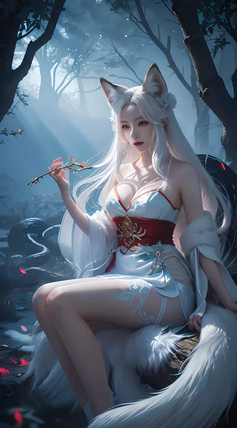 tmasterpiece,beautifuldetails,Extremely colorful,Exquisite details,Delicate lips,The details are complex,Realiy,Ultra photo realsisim,A girl and a white-haired fox sit on a branch:1.1,Large breasts,Raised sexy,seductiv,ethereal fox,nine tail fox,Fox three-...