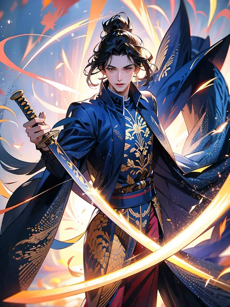 30 years old man,Hold an extra-long sword,Straight to the sky,Perfect Finger,Perfect structure