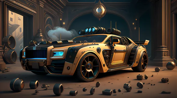 ultra micro detailed steampunk style rolls-royce futuristic biomechanical vehicle, en negro de humo, reminiscent of a fast sport...