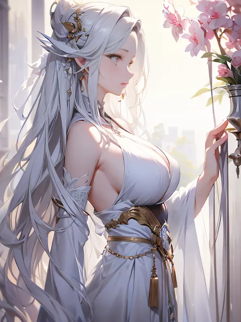 tmasterpiece,Best quality at best,the Extremely Detailed CG Unity 8K Wallpapers,painting of a,paint brushes,
1个Giant Breast Girl,(Personal Data:1.2),classics,white clothes,(blur backgroun:1.5),(long white hair:1.3),Delicate makeup,Clear eyes,depth of fie...